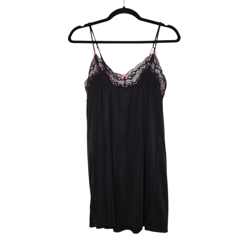 Y2k Betsey Johnson Intimates Small Black Lace Bows Slip Dress Gath Emo